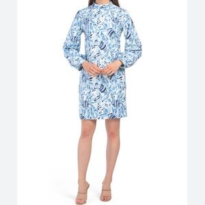 Sail to Sable Printed Long Sleeve Crepe Dress Size Large Blue and White